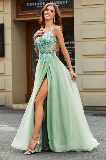 A-Line V Neck Split Tylle Light Green Prom Dress med Appliqued Beading
