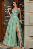 A-Line V Neck Split Tylle Light Green Prom Dress med Appliqued Beading