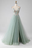 A-Line Beaded Light Green Prom Dress med Slit