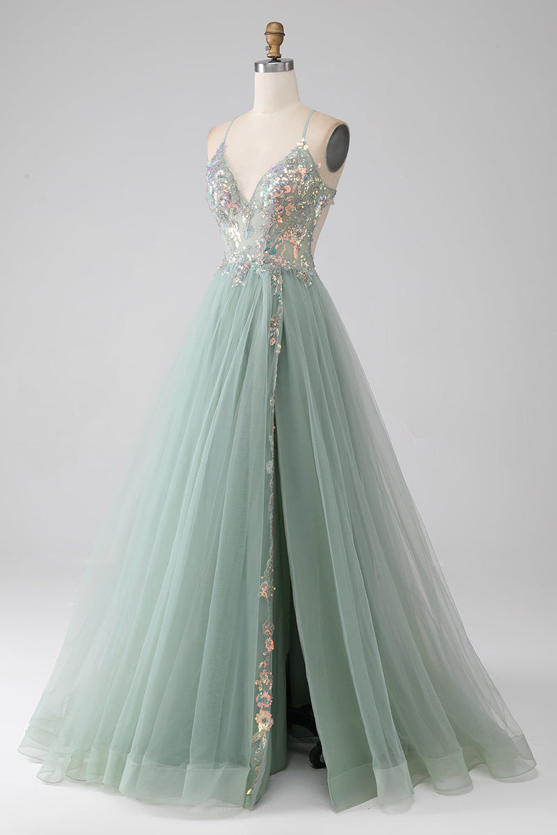 Load image into Gallery viewer, A-Line Beaded Light Green Prom Dress med Slit