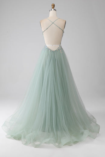 A-Line Beaded Light Green Prom Dress med Slit