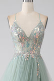 A-Line Beaded Light Green Prom Dress med Slit