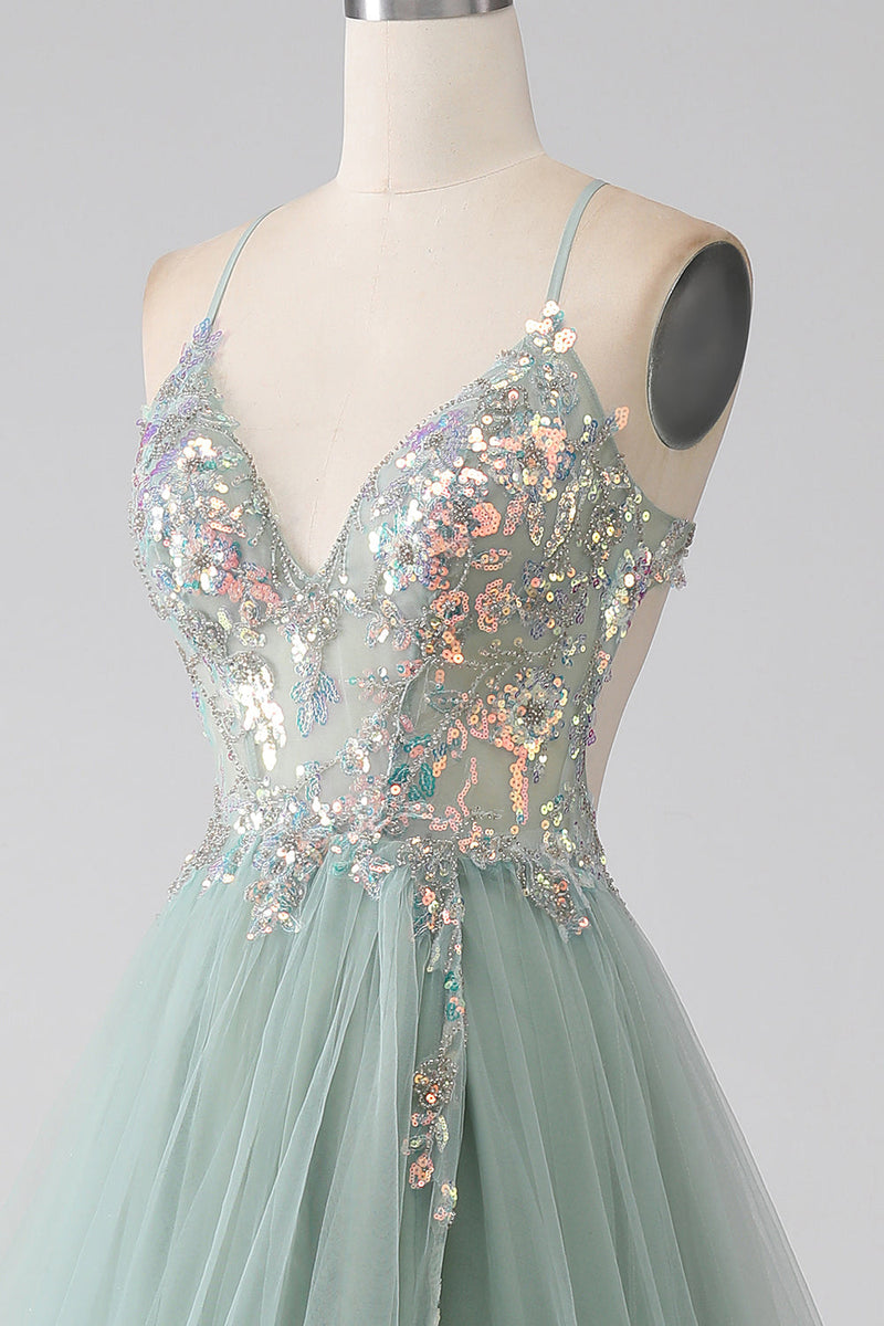 Load image into Gallery viewer, A-Line Beaded Light Green Prom Dress med Slit
