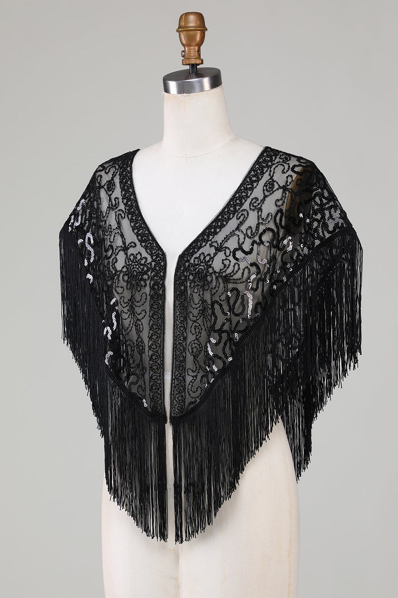 Load image into Gallery viewer, Black Sequins Glitter 1920-tallet Kappe med frynser