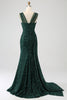 Load image into Gallery viewer, Mørkegrønn skjede glitrende paljett plissert lang ballkjole med lårsplitt