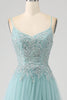Load image into Gallery viewer, Sparkly Light Green A-Line Sequin Applique Corset Prom kjole med spalt