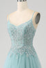 Load image into Gallery viewer, Sparkly Light Green A-Line Sequin Applique Corset Prom kjole med spalt