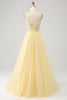 Load image into Gallery viewer, Tulle Beaded Light Yellow Prom Dress med Slit