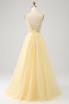 Tulle Beaded Light Yellow Prom Dress med Slit