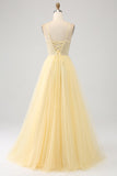 Tulle Beaded Light Yellow Prom Dress med Slit