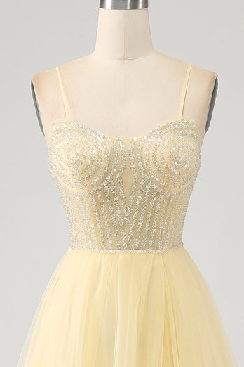 Tulle Beaded Light Yellow Prom Dress med Slit