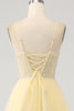 Load image into Gallery viewer, Tulle Beaded Light Yellow Prom Dress med Slit