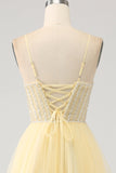 Tulle Beaded Light Yellow Prom Dress med Slit