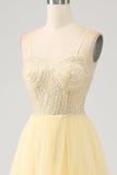 Tulle Beaded Light Yellow Prom Dress med Slit