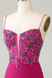 Stilig Bodycon Spaghetti stropper Fuchsia Kort Homecoming kjole med Beaded