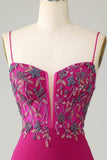 Stilig Bodycon Spaghetti stropper Fuchsia Kort Homecoming kjole med Beaded