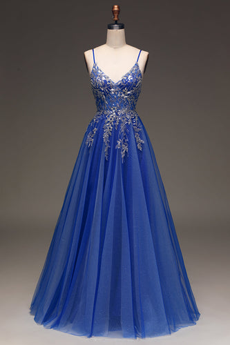 A-Line paljetter Royal Blue Prom kjole med applikasjoner