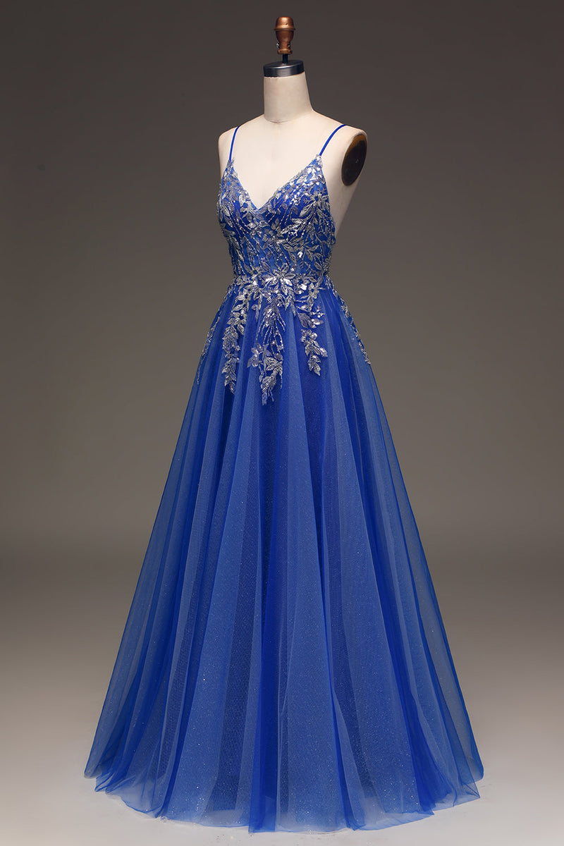 Load image into Gallery viewer, A-Line paljetter Royal Blue Prom kjole med applikasjoner