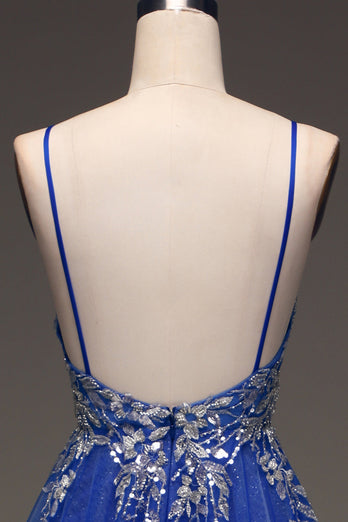 A-Line paljetter Royal Blue Prom kjole med applikasjoner