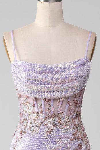 Lilac Sparkly Spaghetti stropper Mermaid Prom kjole med Slit