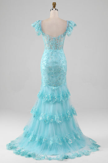 Sky Blue Off the Shoulder Lace og Sequin Mermaid Prom Dress med Slit