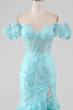 Load image into Gallery viewer, Sky Blue Off the Shoulder Lace og Sequin Mermaid Prom Dress med Slit