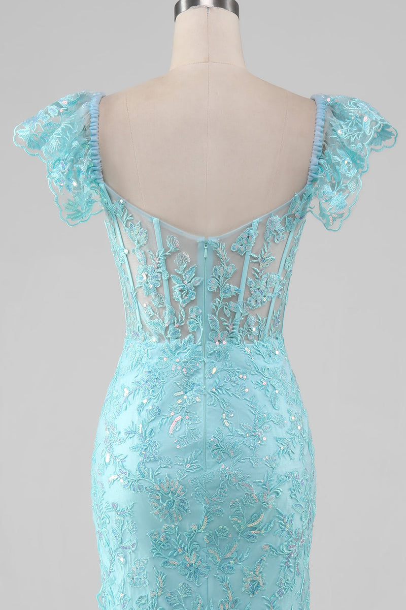 Load image into Gallery viewer, Sky Blue Off the Shoulder Lace og Sequin Mermaid Prom Dress med Slit