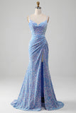 Sparkly Sequins Mermaid Light Blue Prom Dress med Slit