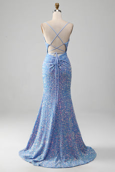 Sparkly Sequins Mermaid Light Blue Prom Dress med Slit