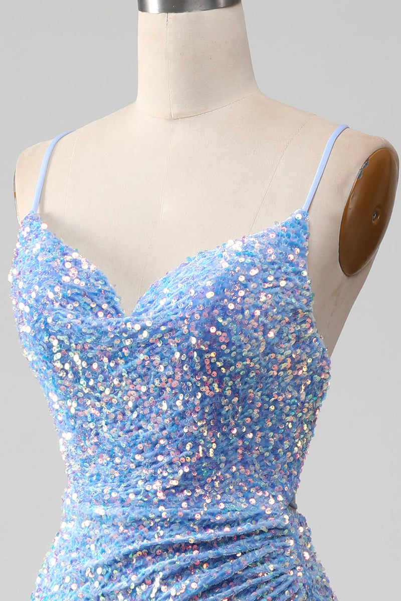 Load image into Gallery viewer, Sparkly Sequins Mermaid Light Blue Prom Dress med Slit