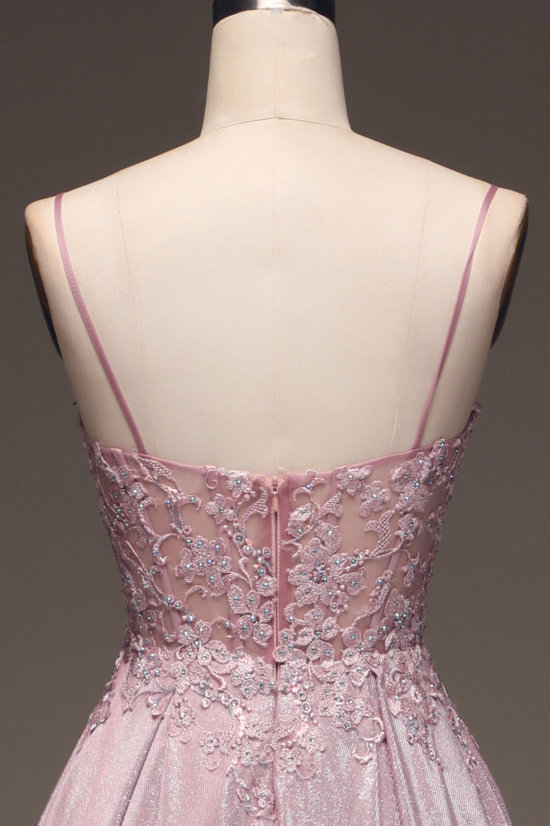 Load image into Gallery viewer, Glitter Spaghetti stropper Blush Prom kjole med perler