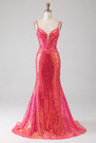 Sparkly Mermaid Fuchsia Prom kjole med paljetter