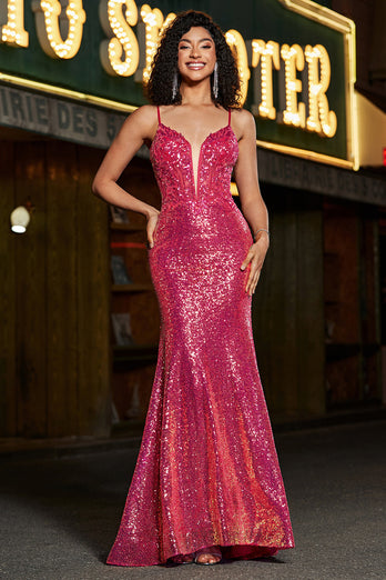 Stunning havfrue spaghetti stropper Fuchsia paljetter korsett Prom kjole