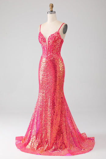 Sparkly Mermaid Fuchsia Prom kjole med paljetter