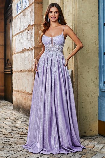 Lilac A-line spaghetti stropper lang glitter prom kjole med perler