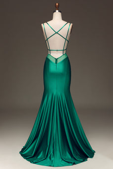 Grønn Deep V-neck Satin Mermaid Prom kjole med snøre-up ryggen