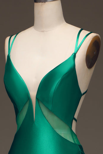 Grønn Deep V-neck Satin Mermaid Prom kjole med snøre-up ryggen