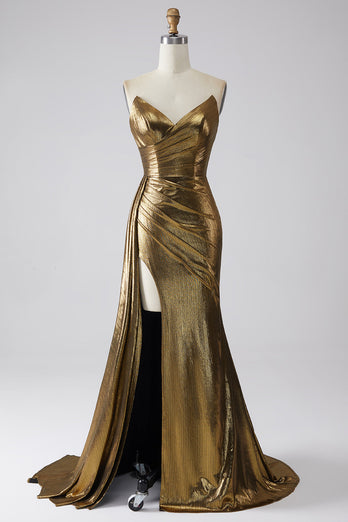Sparkly Mermaid Golden Metallic Long Prom Dress med Slit