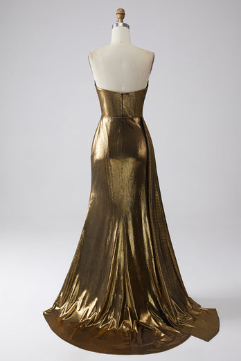 Sparkly Mermaid Golden Metallic Long Prom Dress med Slit