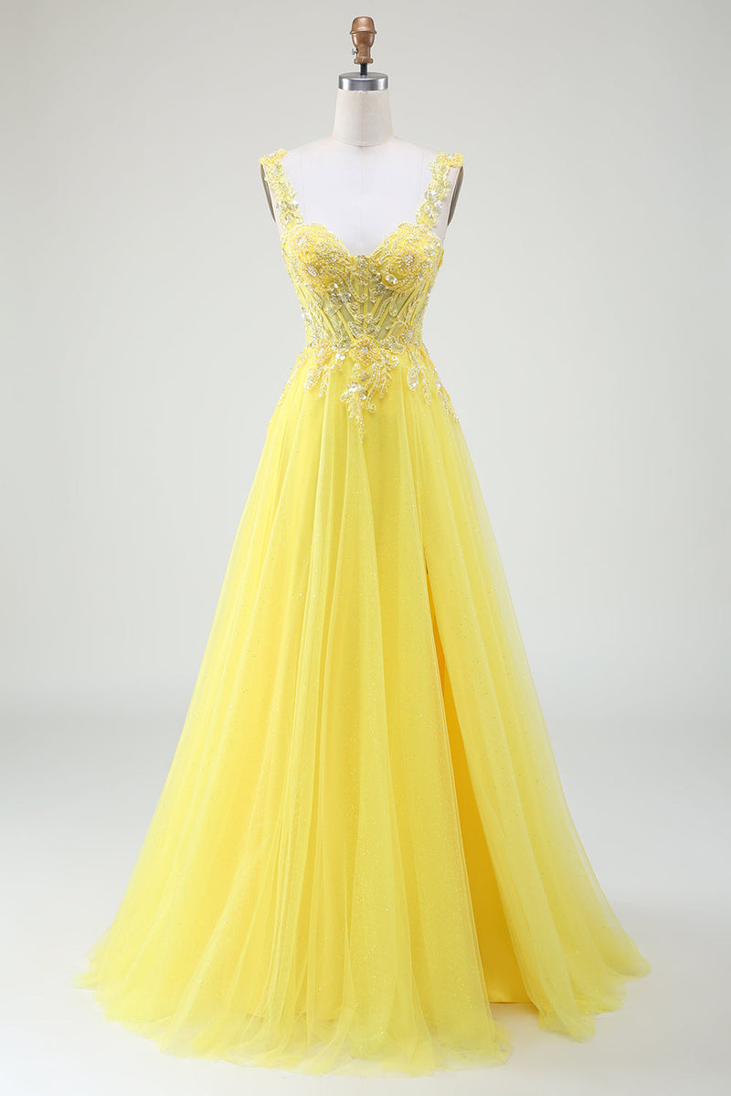 Load image into Gallery viewer, Tulle Beaded Gul korsett Prom kjole med Slit