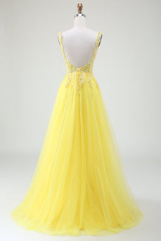 Tulle Beaded Gul korsett Prom kjole med Slit