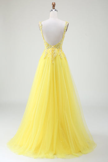 Tulle Beaded Gul korsett Prom kjole med Slit
