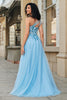 Load image into Gallery viewer, Nydelig A Line One Shoulder Lyseblå korsett Prom kjole med Appliques