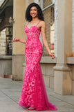 Havfrue Fuchsia Long Prom Kjole med Appliques