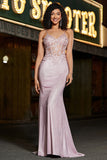 Trendy Mermaid Spaghetti stropper Blush Long Prom Kjole med Beading