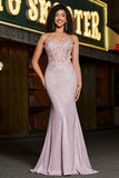 Trendy Mermaid Spaghetti stropper Blush Long Prom Kjole med Beading