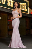 Trendy Mermaid Spaghetti stropper Blush Long Prom Kjole med Beading