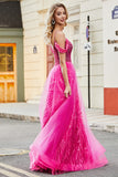A-Line Cold Shoudler Sparkly Hot Pink Corset Prom kjole med Beading