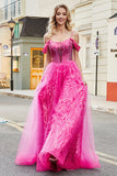 A-Line Cold Shoudler Sparkly Hot Pink Corset Prom kjole med Beading