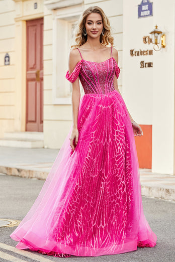 A-Line Cold Shoudler Sparkly Hot Pink Corset Prom kjole med Beading